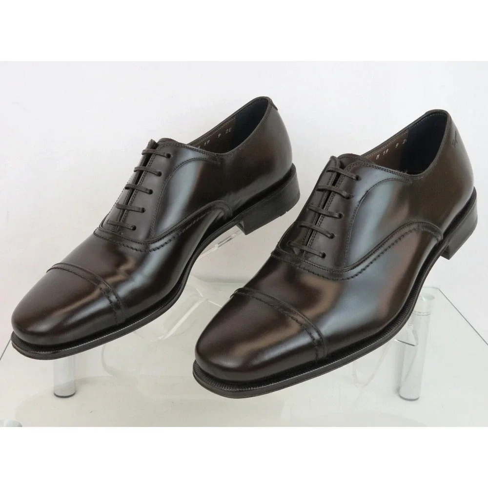 NIB FERRAGAMO SEUL DARK BROWN POLISHED LEATHER CAP TOE LOGO OXFORDS 12 D